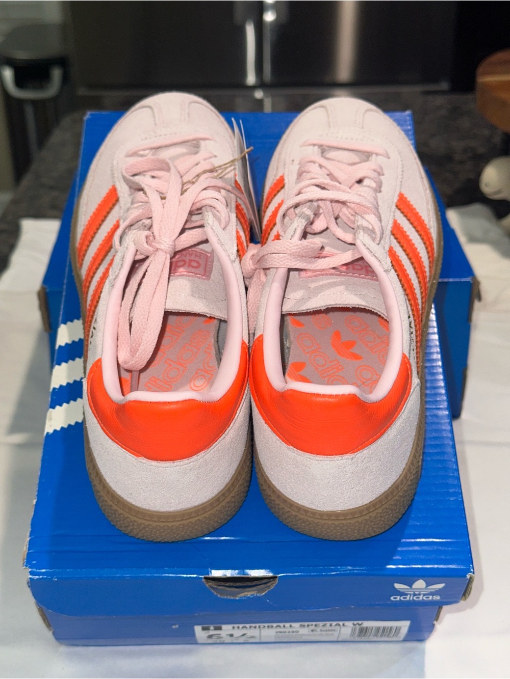 adidas Women’s Suede Sneakers in Light Pink with Bright Orange Stripes - Picture 3 of 6
